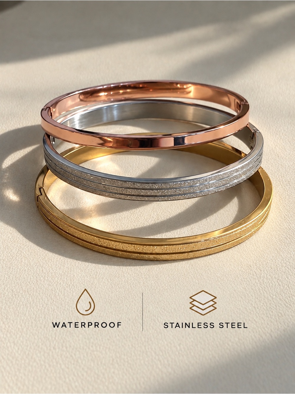 Stainless Steel Stackable Bangle Set - Rose Gold, Silver, Gold